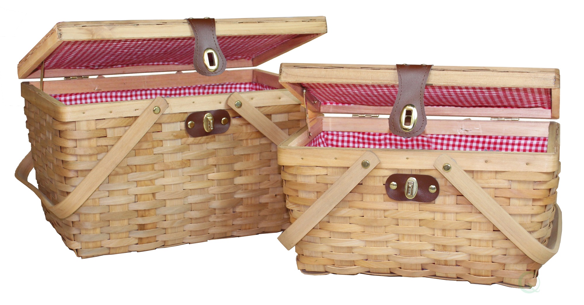 New Vintiquewise Gingham Lined Wood Picnic Baskets Set of 2, QI003148.2