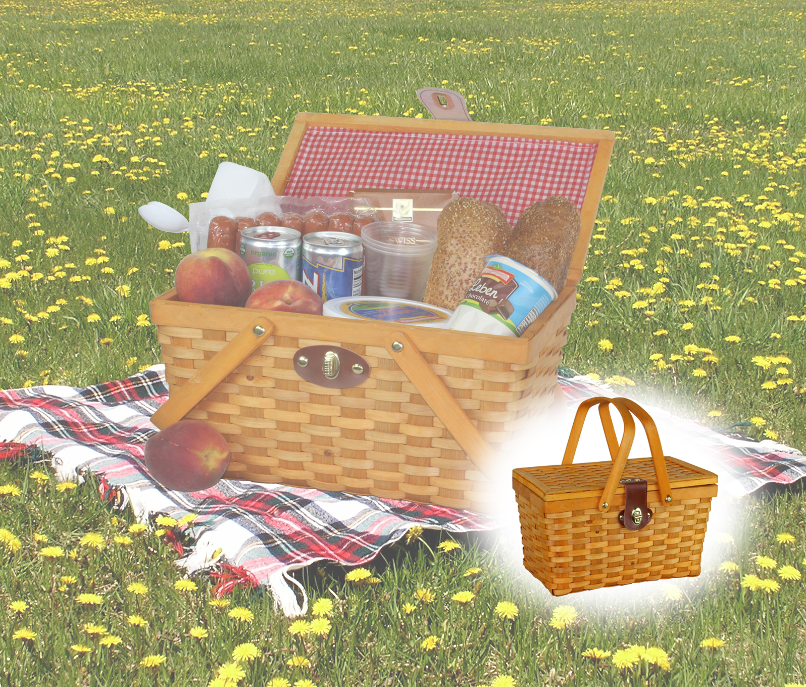 New Vintiquewise Gingham Lined Wood Picnic Baskets Set Of 2 Qi0031482