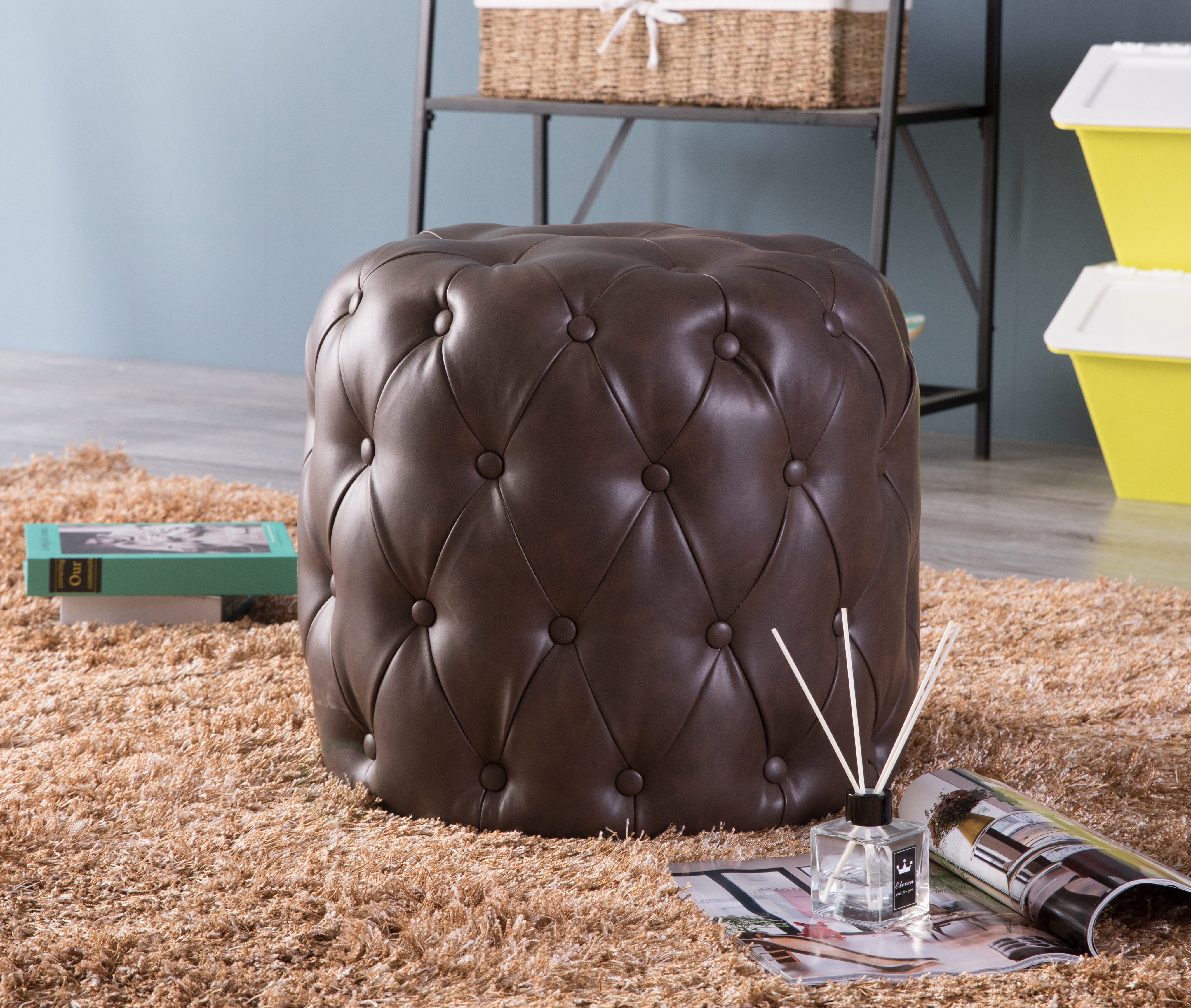 New Bold Tones Tufted Modern Leather Round Ottoman Stool, Brown eBay