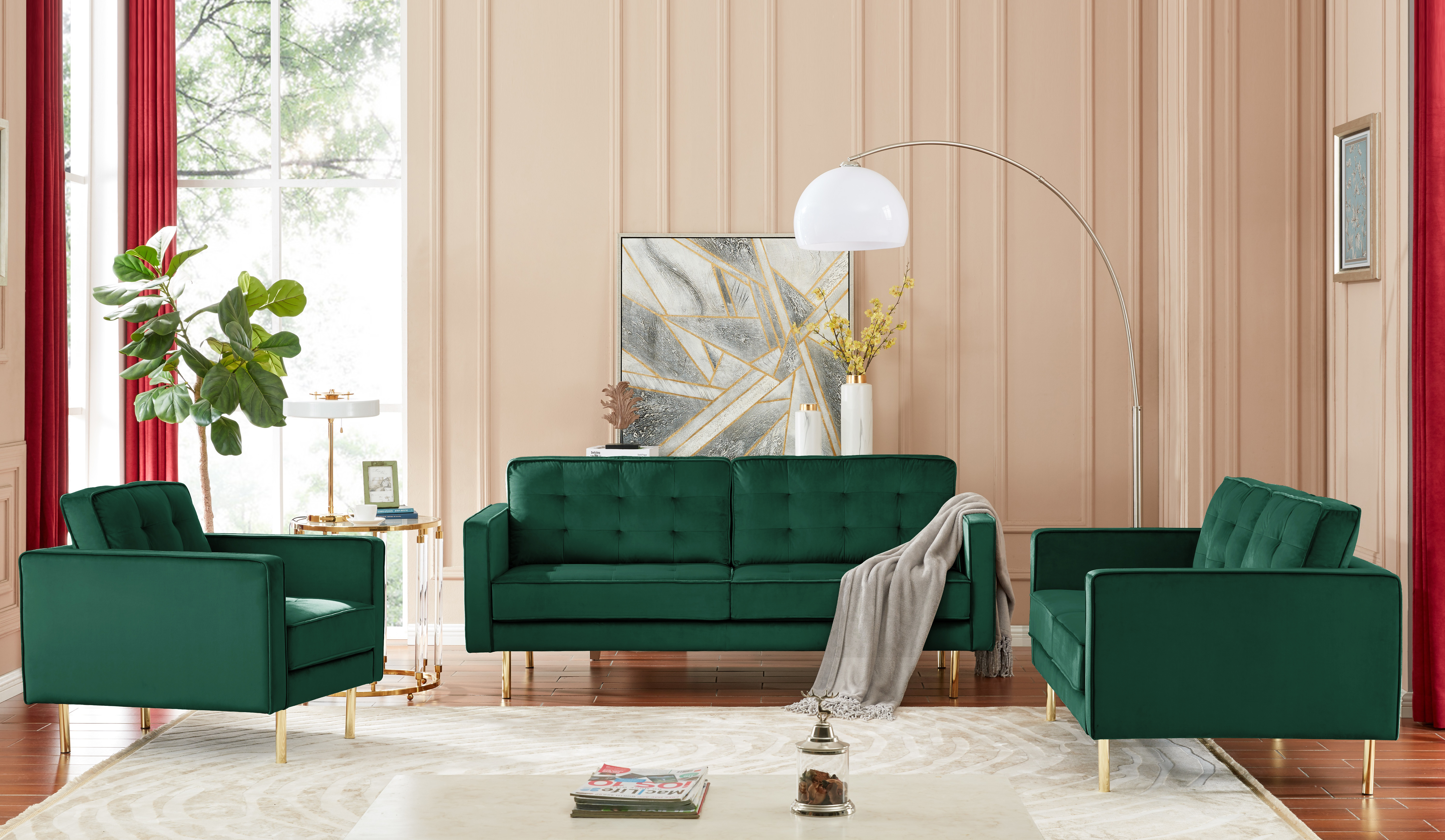 New Bold Tones Green Modern Velvet Tufted Sofa with Gold Legs eBay