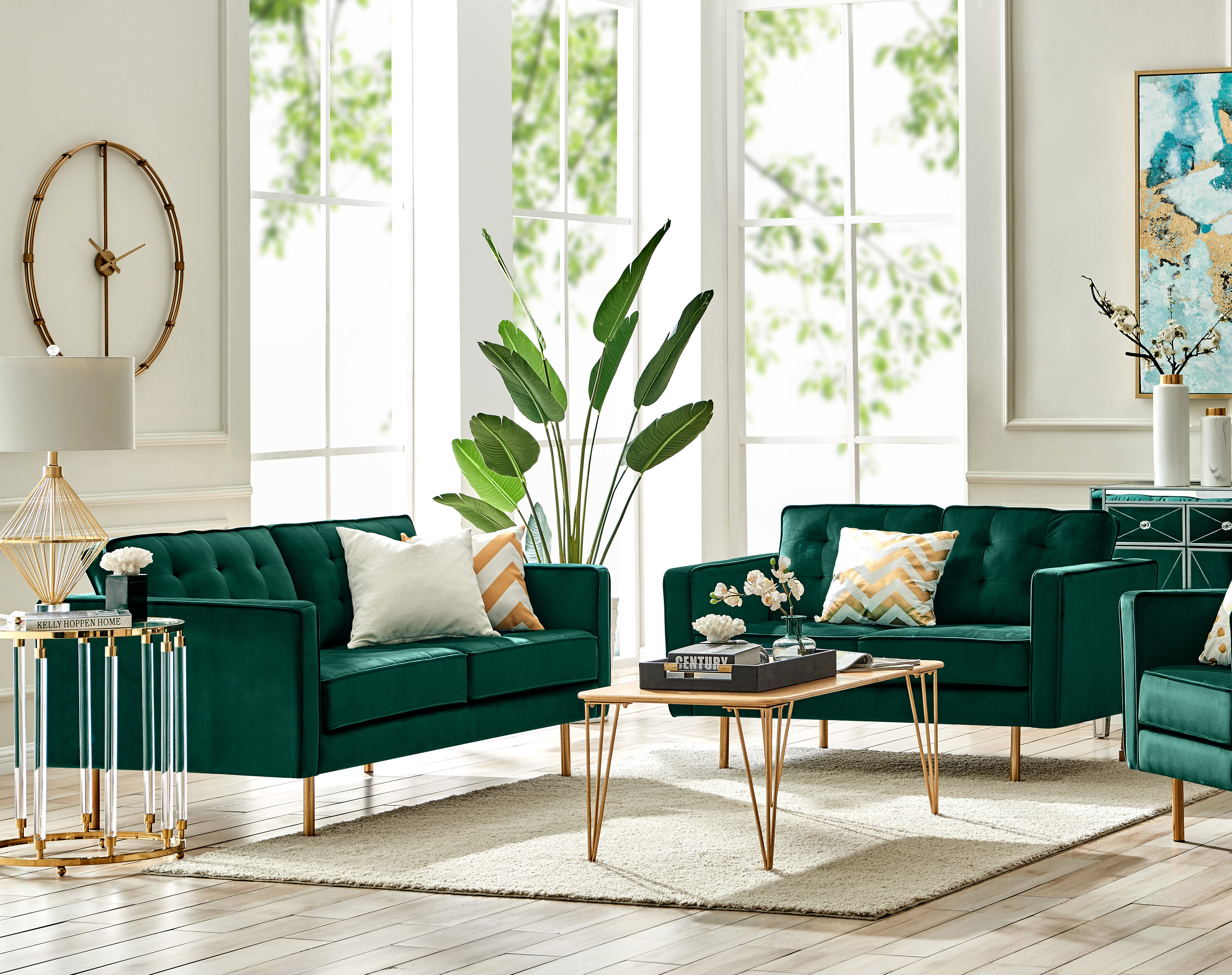 New Bold Tones Green Modern Velvet Tufted Sofa With Gold Legs 