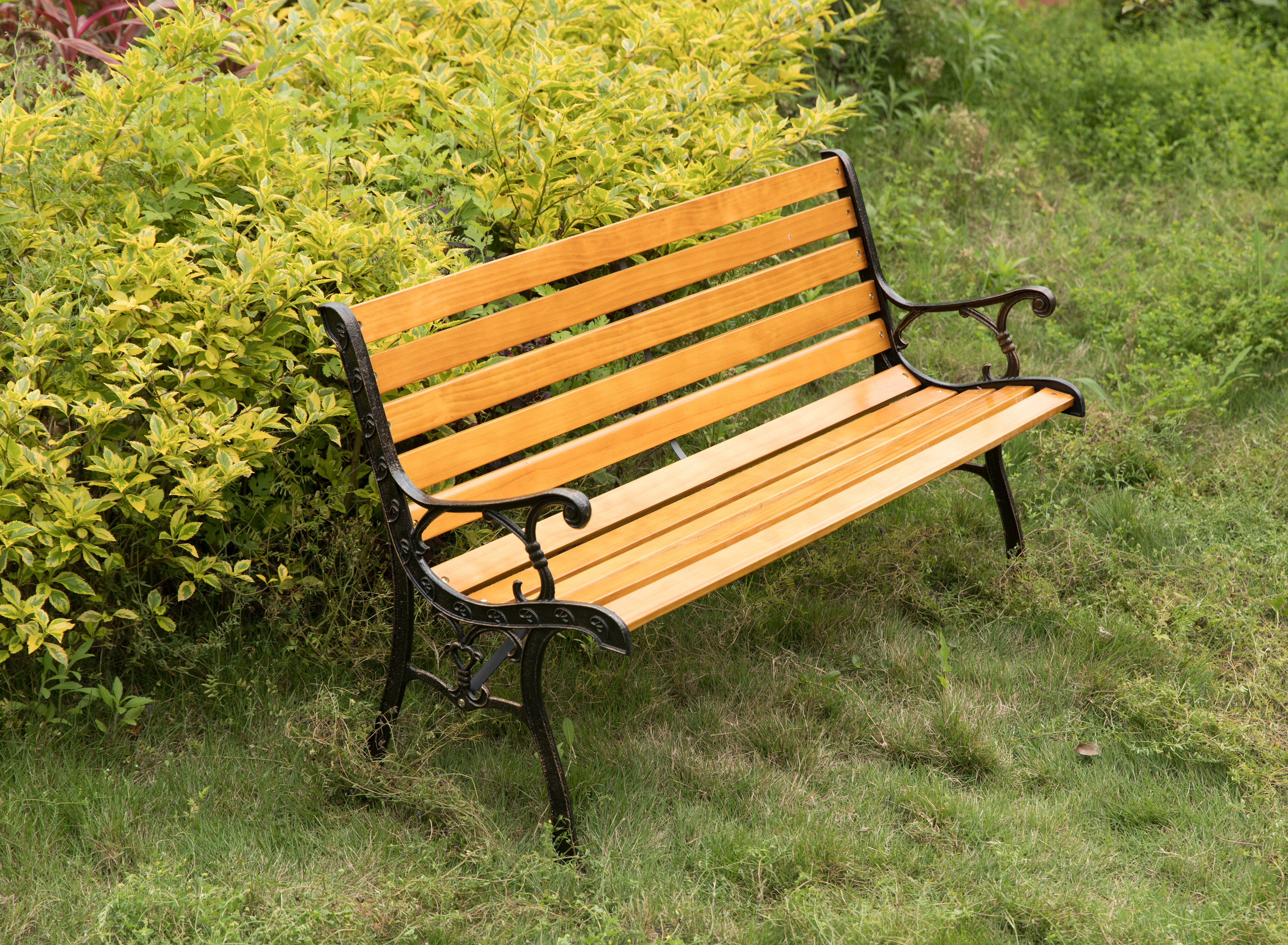 Wooden Outdoor Park Patio Garden Yard Bench with Designed Steel Armrest