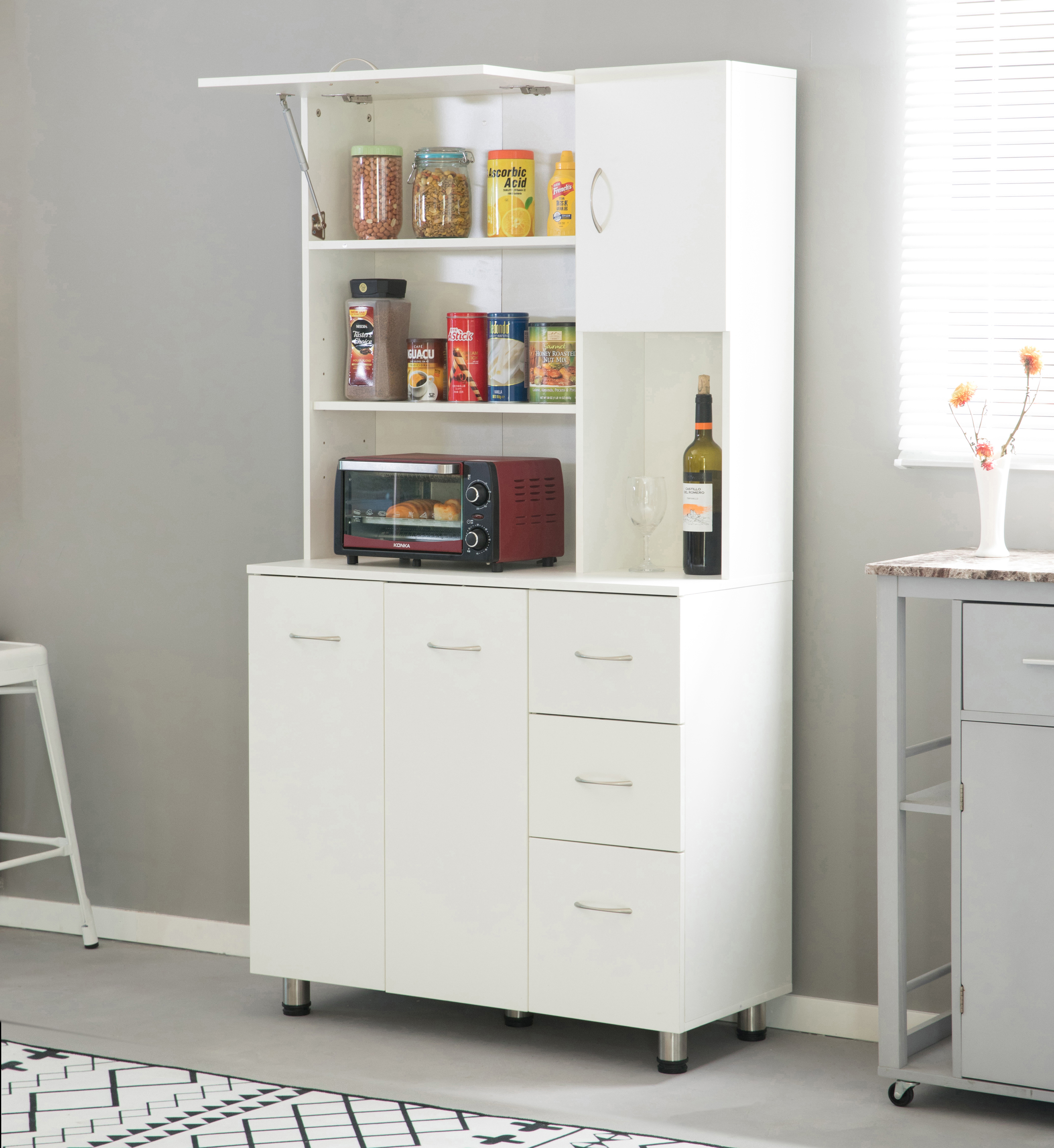 Modern White Kitchen Pantry Cabinet With Drawers for Small Space
